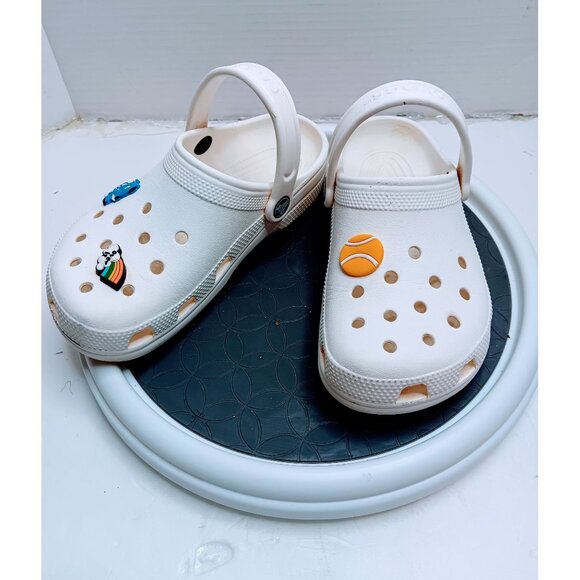 White Crocs Classic Clogs With Jibbitz Charms Tennis Ball Rainbow Design & Car A - Picture 2 of 6